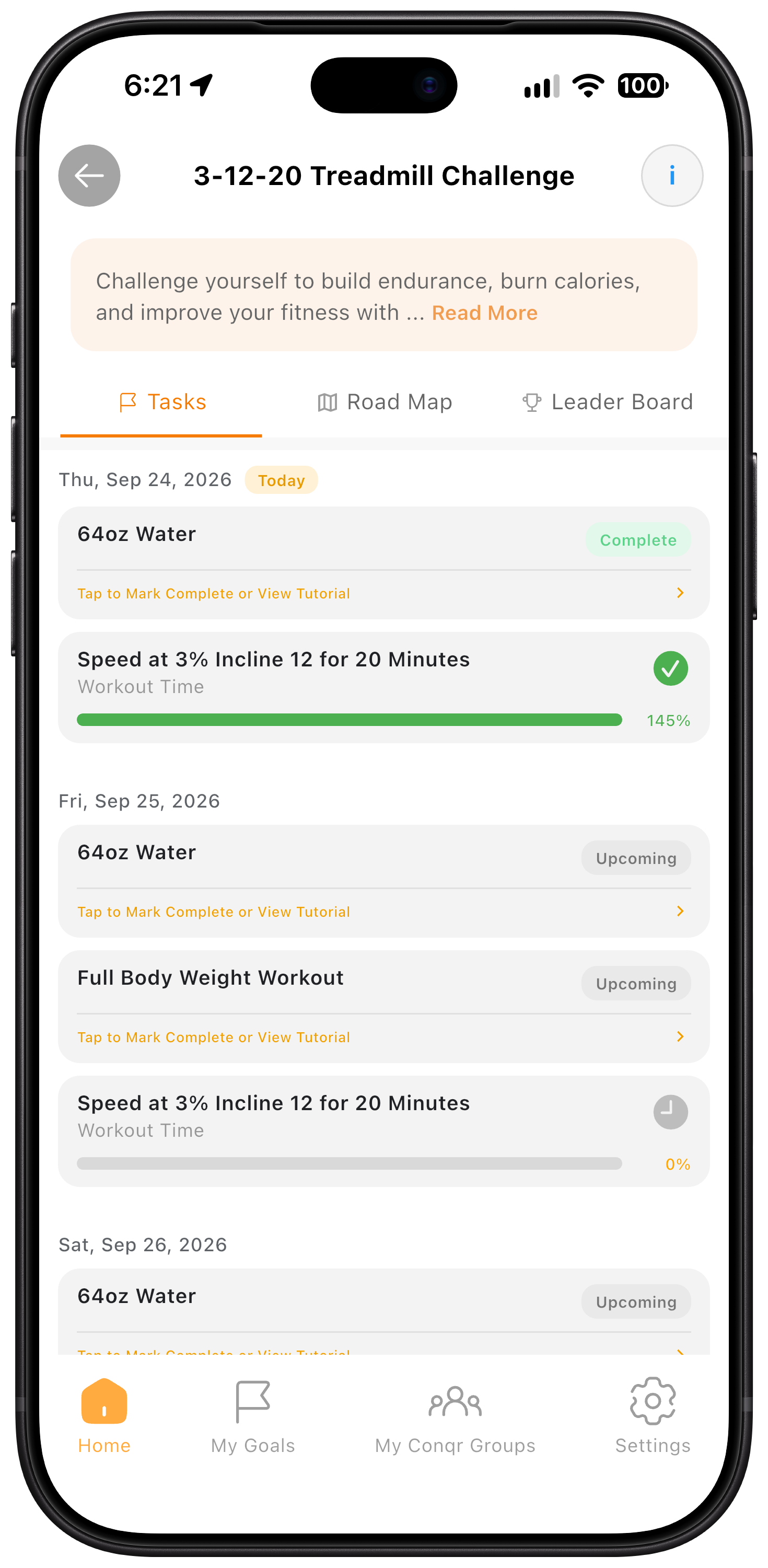 Conqr Tasks mobile application screen