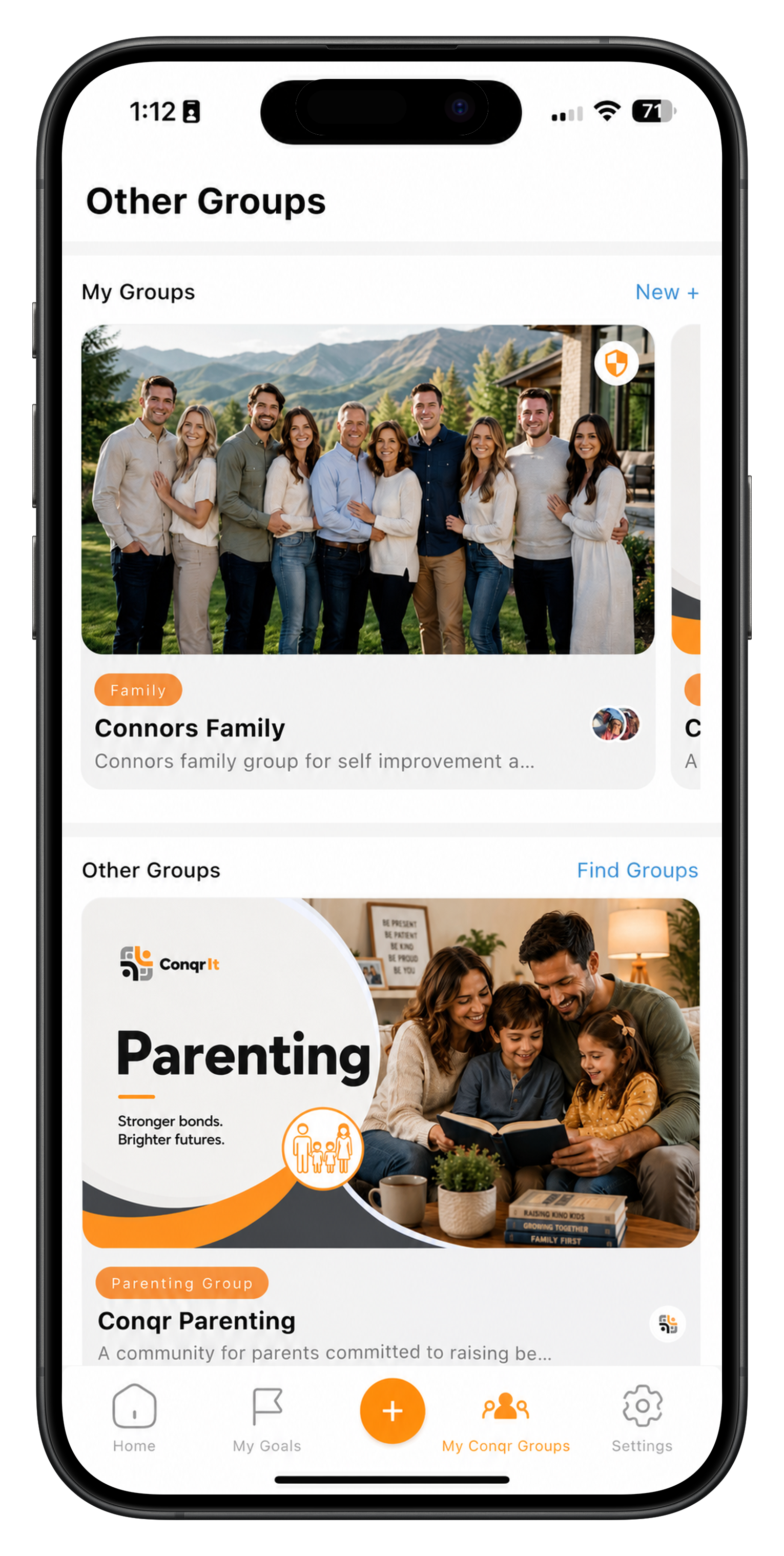 My Conqr Groups mobile application screen